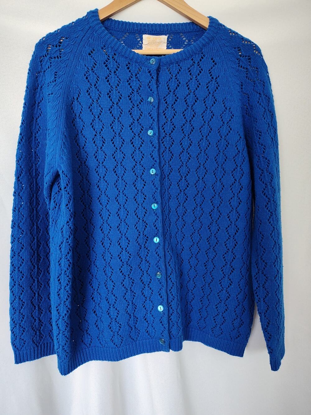 Vintage Sears Royal Blue Pointelle Knit Cardigan Sweater Size L